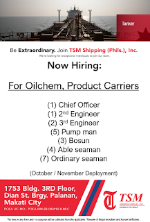 Urgent jobs hiring for Filipino seaman crew for tanker ships deployment November - December 2018