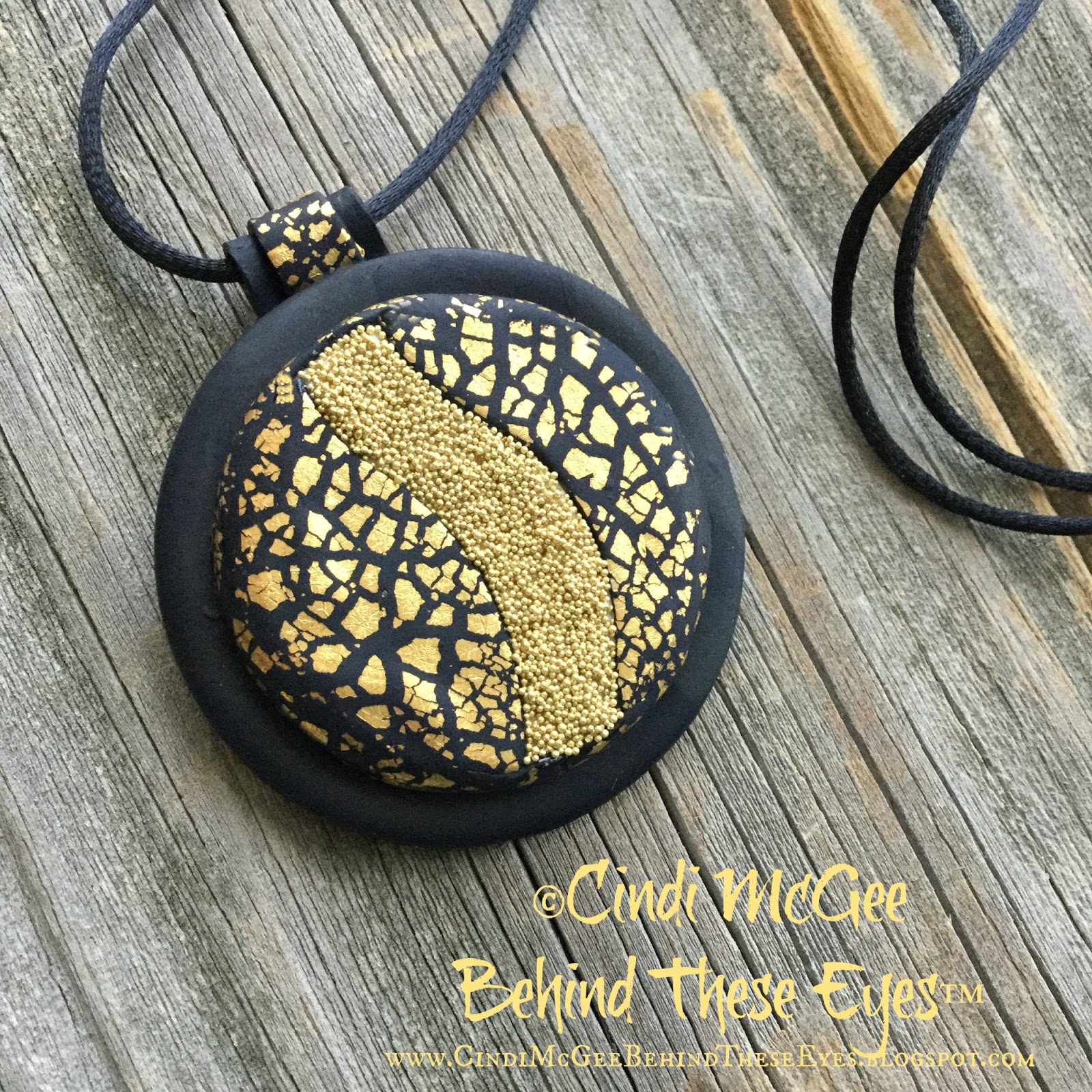 Gold & Black Polymer Clay Pendant Crackle & Microbeads