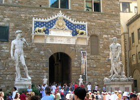 Michelangelo's David (left) and Bartolommeo Bandinelli's Hercules and Cacus in Florence's Piazza della Signoria
