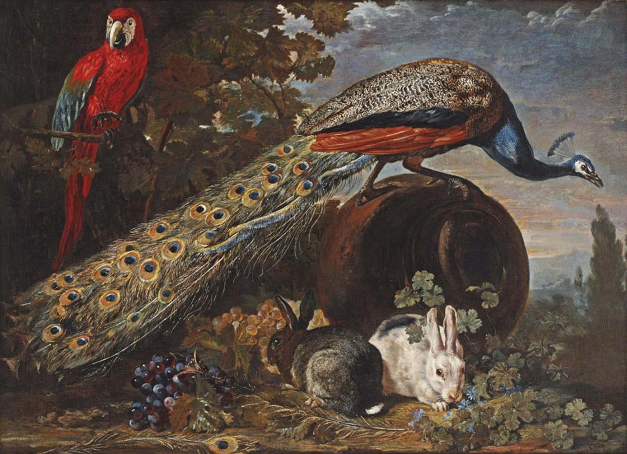 Ars longa: David de Coninck - A Peacock, a Macaw and Rabbits in a Landscape
