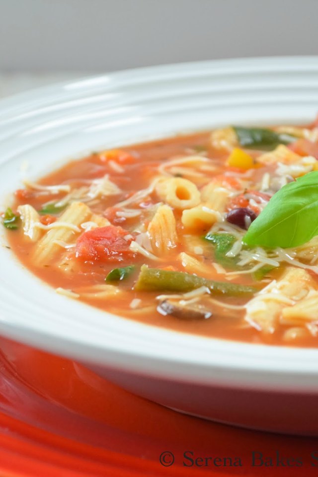 A side shot of a bowl of Minestrone Soup.