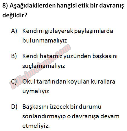 6.Sınıf Bilişim Teknolojileri 4.Ünite:Artık Daha Bilinçliyim Konu Testi