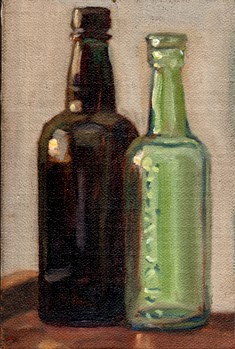 Oil painting of two bottles illuminated by late afternoon sunlight, one black and one transparent.