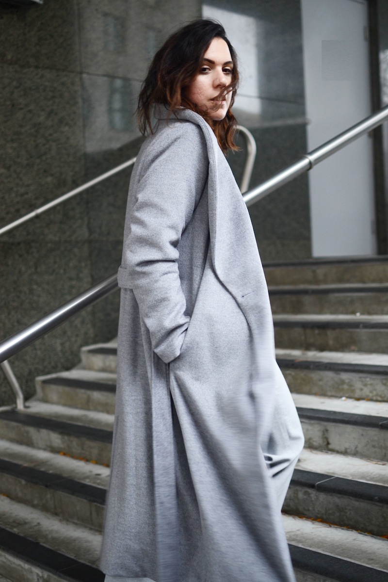 Le Chateau mock neck sweater and shawl collar wrap coat covet and acquire Babaton Jimmy pant aritzia