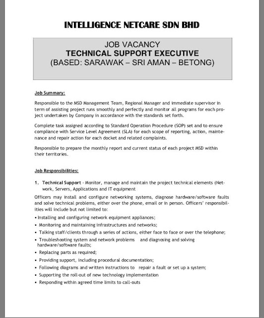 Job Vacancy Technical Support Executive - Sarawak