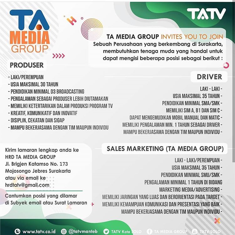 Lowongan Kerja Ta Media Group Tatv Mei 2019 Produser Driver Marketing Surakarta Solo Loker Swasta