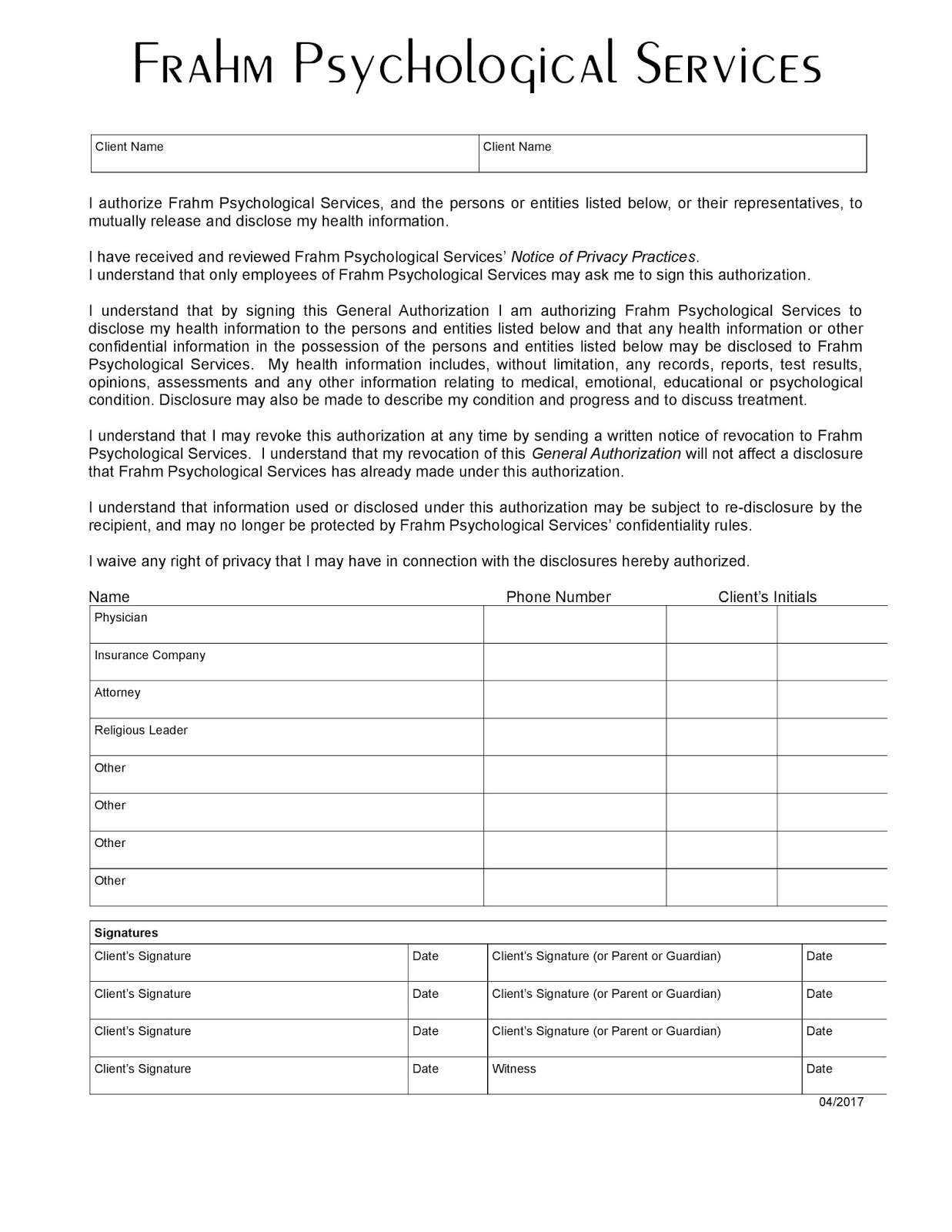 frahm psychological services patient information forms patient information form
