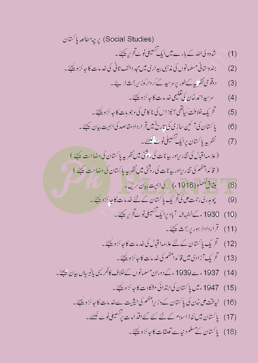 B.A B.Com BSc Pak Study Guess Paper