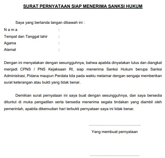 Download Kumpulan Surat Pernyataan Pelamar Cpns Kejaksaan Ri