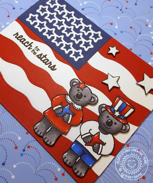 Sunny Studio Stamps: Fourth of July Flag Card by Lindsey Bailey (using Stars & Stripes, Comfy Creatures, Wavy Borders & Star Border die)