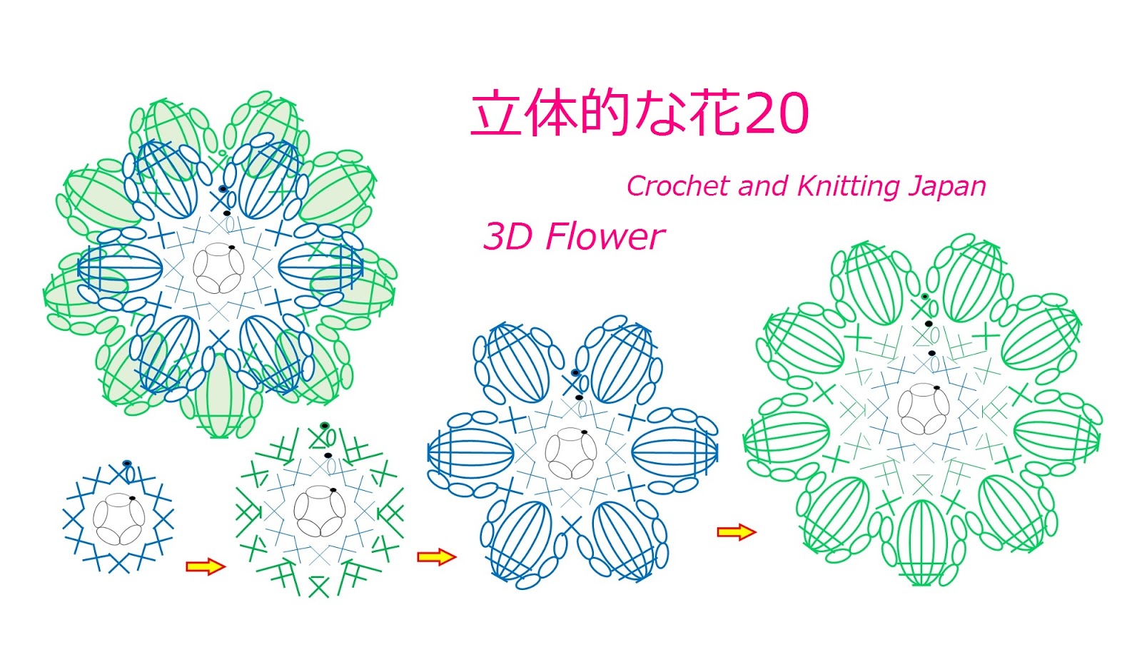 かぎ編み Crochet Japan クロッシェジャパン 立体的な花の編み方 20 玉編みの花 かぎ針編み 編み図 字幕解説 How To Crochet 3d Flower Crochet And Knitting Japan