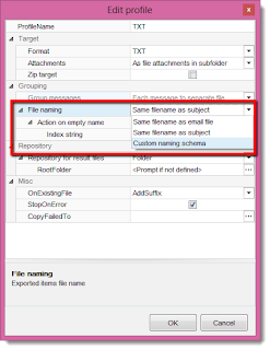 Eml Viewer Pro Edit Profile window. EmlViewer Pro's Edit Profile window is displayed with File Naming options highlighted.