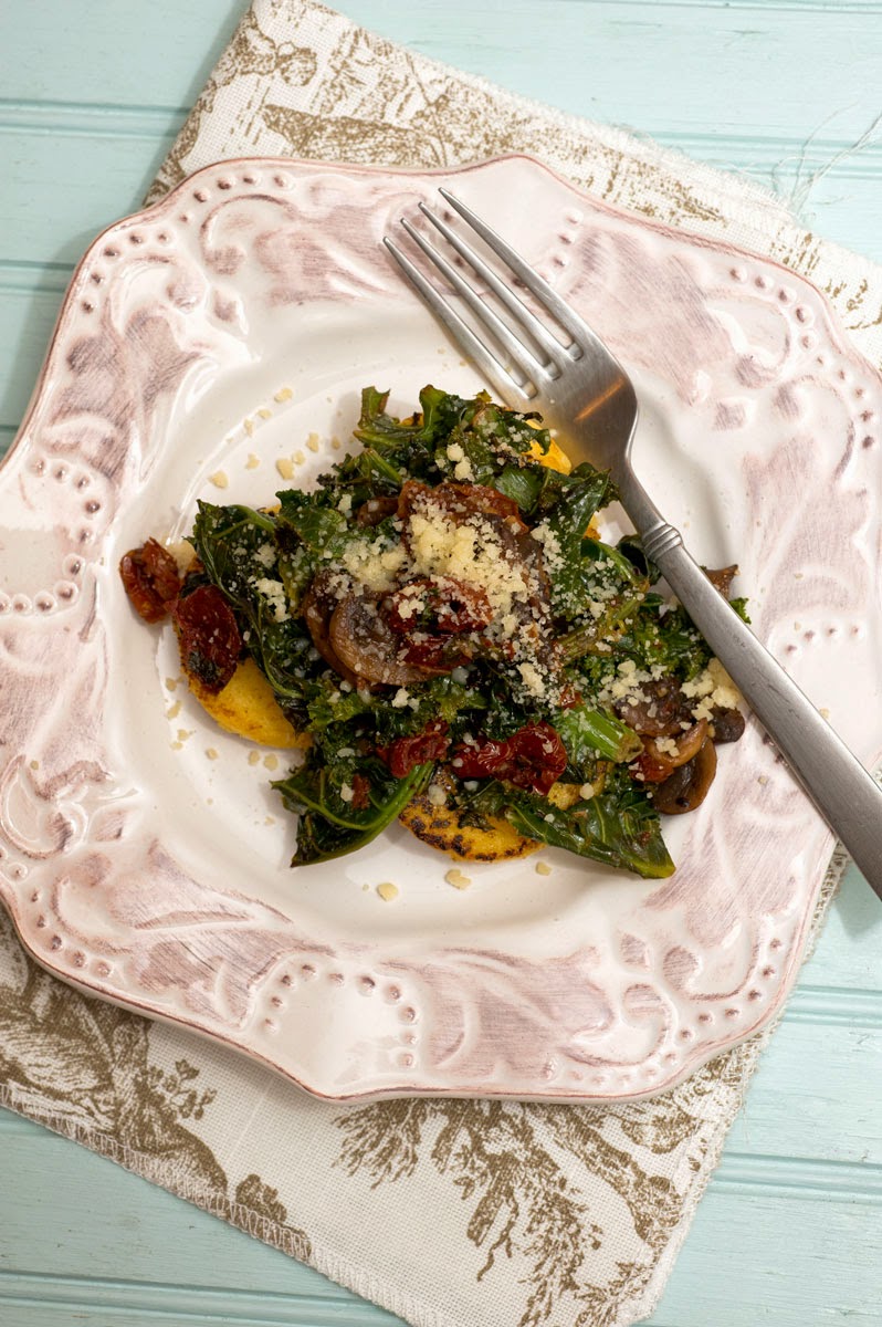Kale, Mushroom & Tomato Saute with Polenta