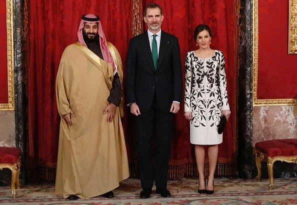 Crown Prince Muhammed bin Salman of Saudi Arabia in Spain. Queen Letizia wore Felipe Varela dress and wearing Tous Jewelry earrings, Magrit pumps