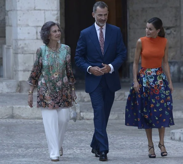 Queen Letizia wore HUGO BOSS Foebe Knit Wool Top. King Felipe VI and former Queen Sofia at summer reception. Carolina Herrera