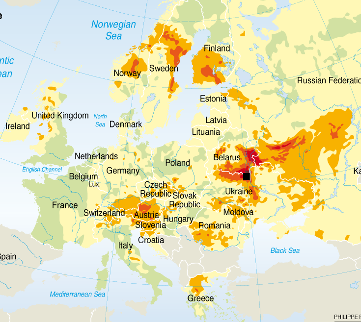 Как распространялась радиация от чернобыля карта