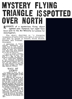 Mystery Flying Triangle is Spotted Over North - Newcastle Evening Chronicle 9-9-1960 Mystery Flying Triangle is Spotted Over North - Newcastle Evening Chronicle 9-9-1960