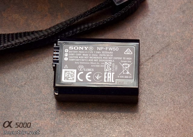 The 1020mAh NP-FW50 rechargeable battery used in the Sony Alpha 5000