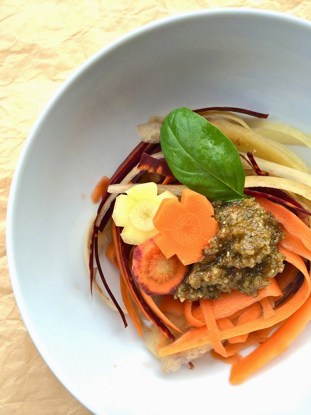 Heirloom Carrot Pasta With Date Hazelnut Pesto