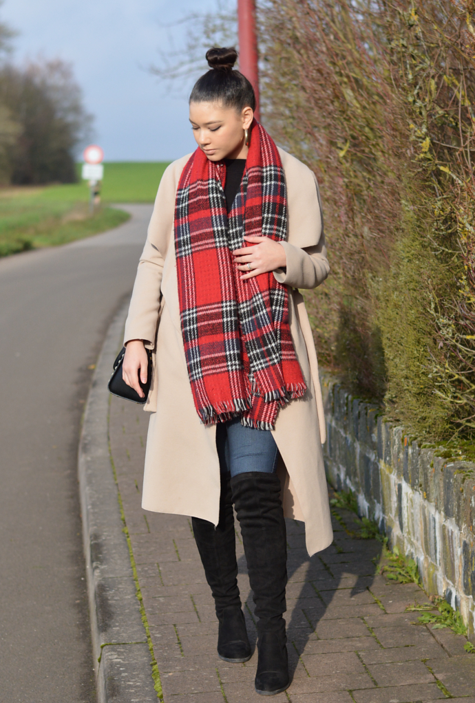 Raspberry Jam Outfit 194 Camel Coat with Plaid Scarf