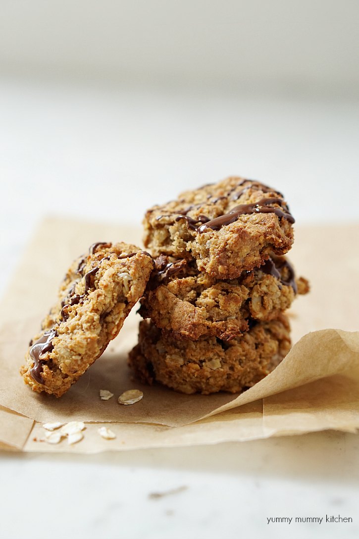 Vegan Oatmeal Peanut Butter Breakfast Cookies made with applesauce Delicious peanut butter oatmeal breakfast cookies with a chocolate drizzle.