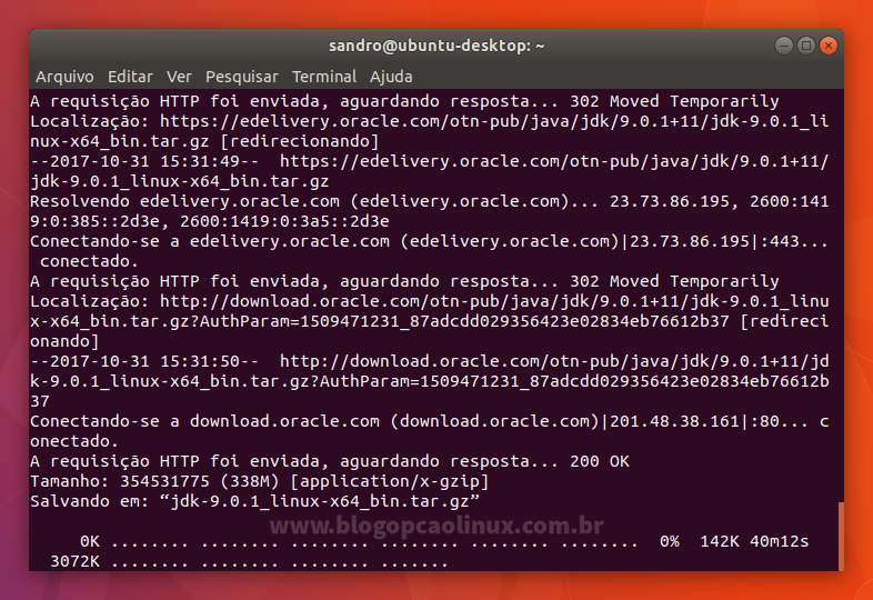 Aguarde enquanto é feito o download e instalação do Oracle Java 9 (JDK 9) Aguarde enquanto é feito o download e instalação do Oracle Java 9 (JDK 9)