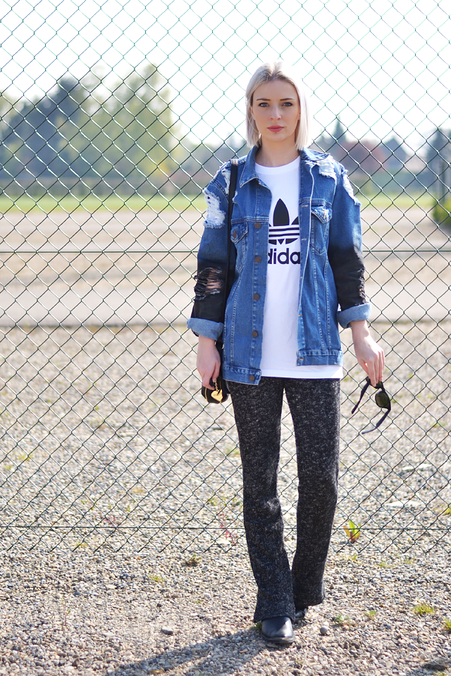 Adidas logo t shirt, zalando, asos, ripped, denim, jeans jacket, knit trousers, flared trousers, h&m trend, outfit post, street style, fashion blogger