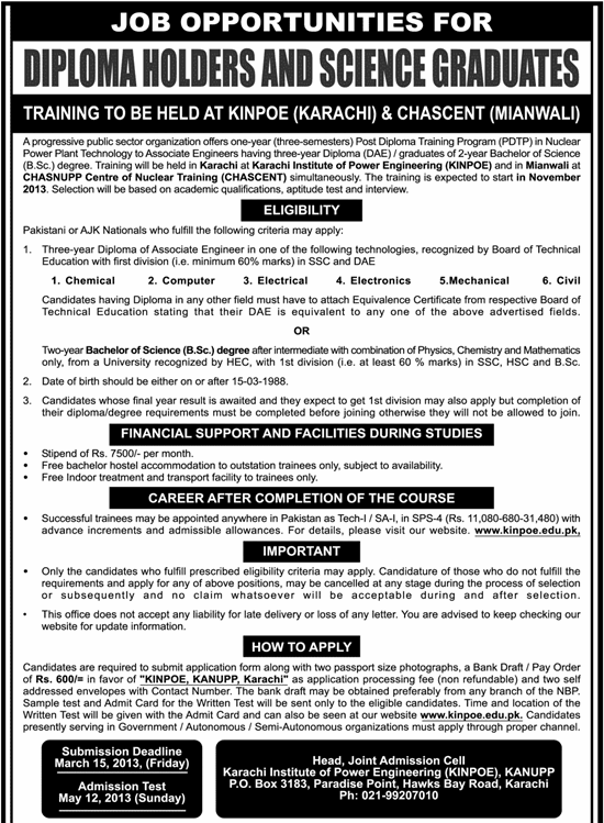 Job Opportunities in PAEC for Diploma Holders and Science Graduates