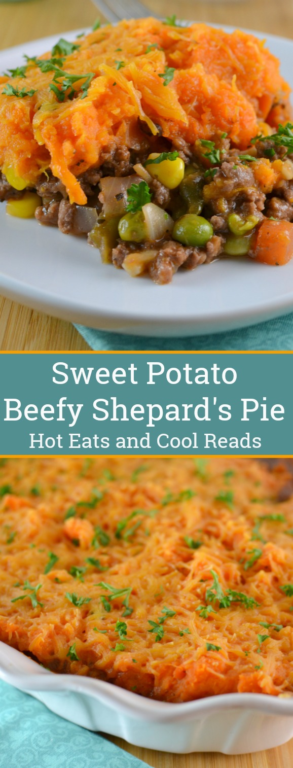 Sweet Potato Beefy Shepard's Pie Recipe from Hot Eats and Cool Reads! This comfort food casserole is perfect for dinner! Topped with delicious mashed sweet potatoes and packed with delicious ground beef and vegetables!