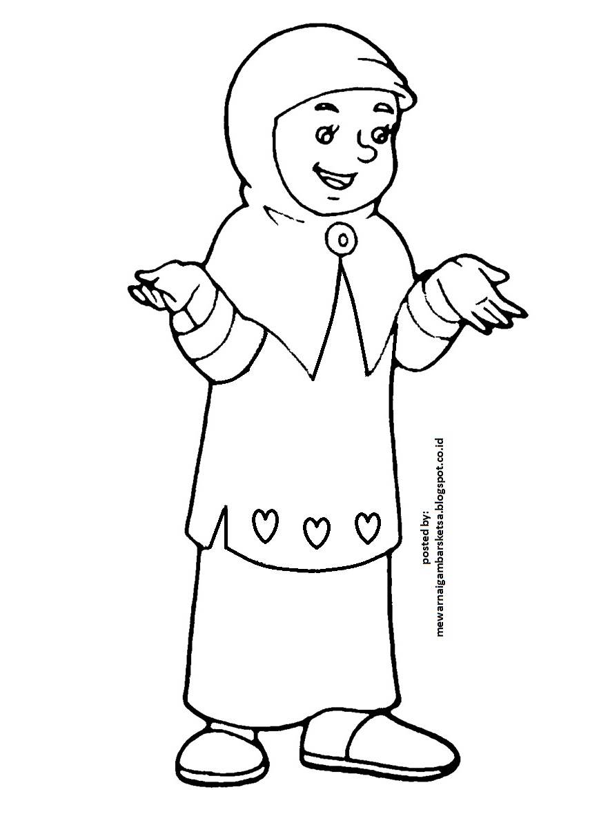 Mewarnai Gambar: Mewarnai Gambar Sketsa Kartun Anak Muslimah 5
