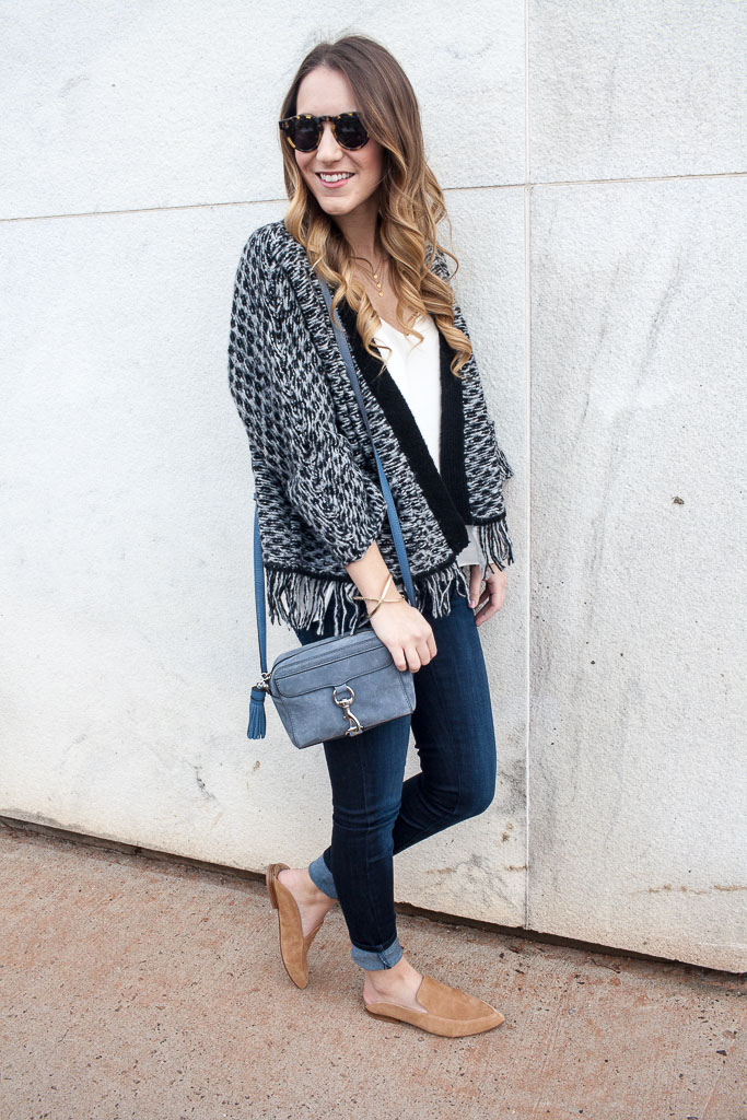 A fringe cardigan and dark wash denim for a casual work day. 