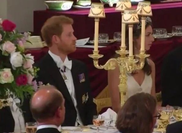 King Felipe and Queen Letizia, Prince William, Duchess Catherine of Cambridge, Prince Harry, Duchess Camilla wore Marchesa gown, Carolina herrera red dress gold diamond tiara