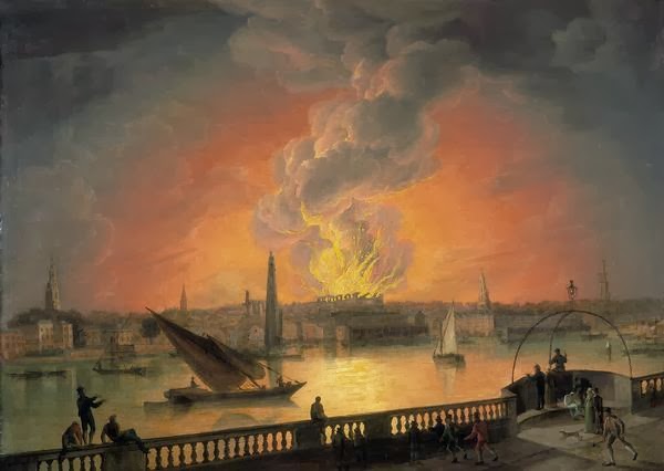 The fire at the Theatre Royal, Drury Lane, seen from Westminster Bridge, 1809