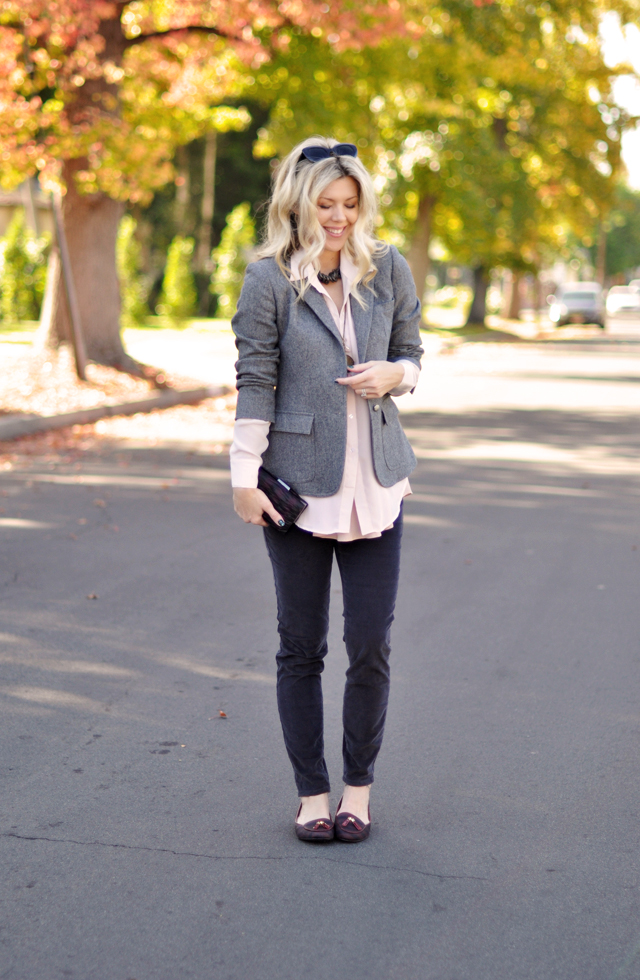 preppy with an edge, gray pink oxblood plum outfit