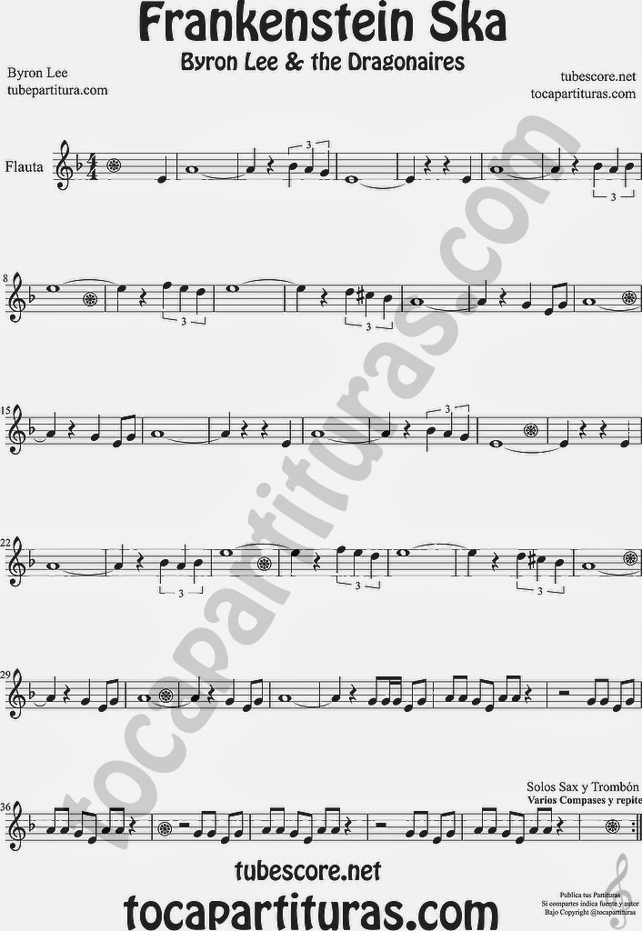 Frankenstein Ska Partitura de Flauta Travesera, Flauta dulce y Flauta pico Sheet Music for Flute Record Music Scores Byron Lee & The Dragonaires 