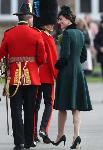 Prince William and Duchess Catherine attend Irish Guards St Patrick's Day.  Kate Middleton wore Catherine Walker Military coat for the Irish Guards ceremony