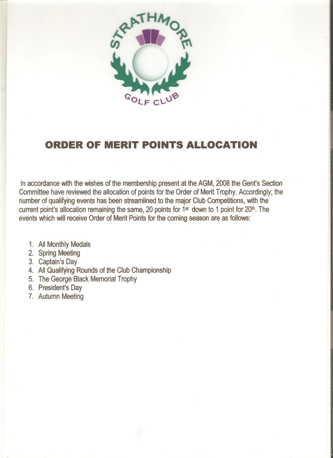 STRATHMORE GOLF CLUB GENTS Order of Merit Competition