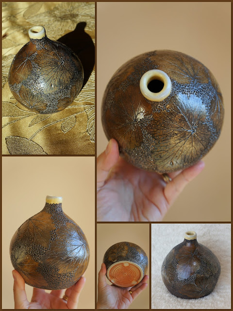 Soda fired pottery vase by Lily L, featuring leaf imprints from japanese anemone.