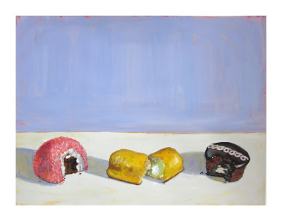 still life painting of junk food, hostess cupcake, snoball and twinkie