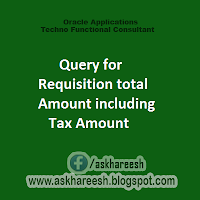 Query for Requisition total Amount including Tax Amount, askhareesh blog for Oracle Apps