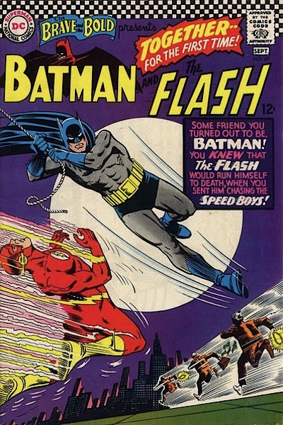 Batman swinging down out the night sky before a full moon, right in front of Flash, who rears back as if collapsing
