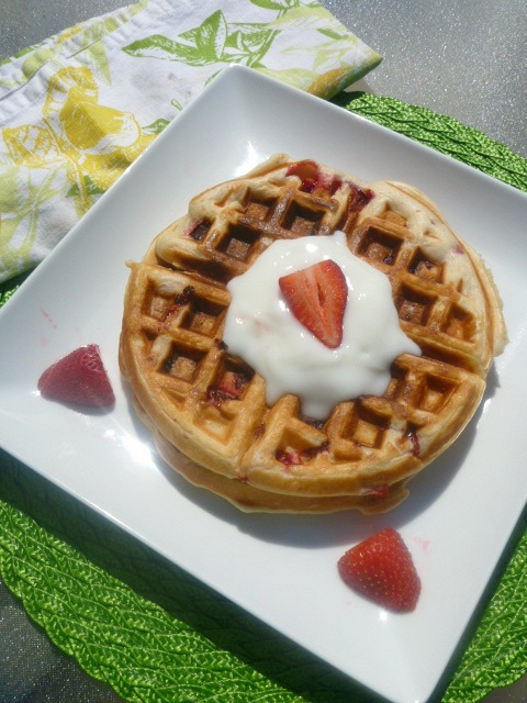 Strawberry Vanilla Waffles with Yogurt - These waffles are bursting with strawberries inside, along with a hint of vanilla. The perfect breakfast! - Slice of Southern