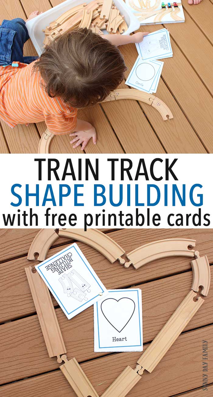 Use your wooden train tracks for this fun shape activity for kids! Download the free printable shape cards and see if you can recreate each one with your train tracks - or invent your own fun shapes! Inspired by the new book Old Tracks, New Tricks, little train lovers will have hours of fun with this easy shape learning game. Perfect for preschool!