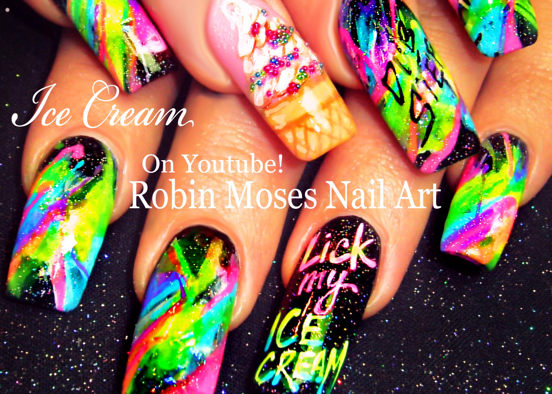 Nail Art by Robin Moses Flower Splatter Paint with Flowers Black