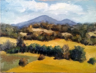 Oil painting of two distant and undulating mountain peaks, with eucalyptus trees and dry rolling hills in the foreground.