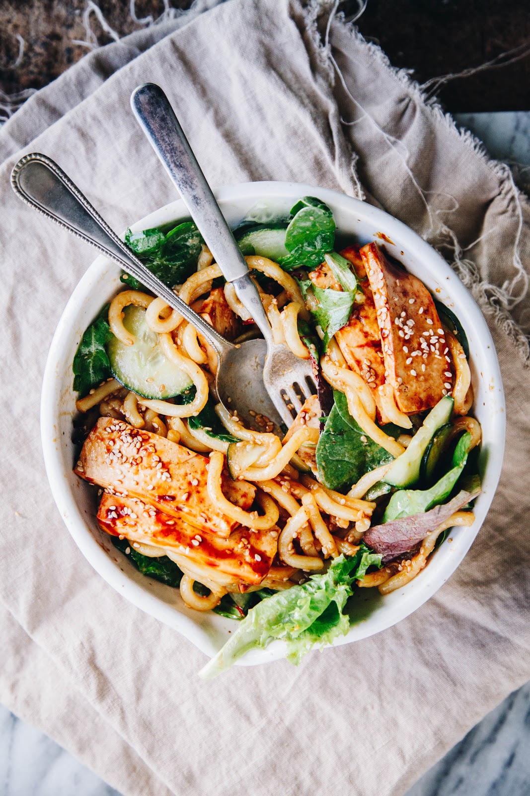 This Rawsome Vegan Life SESAME UDON NOODLES with GREENS + SPICY TOFU