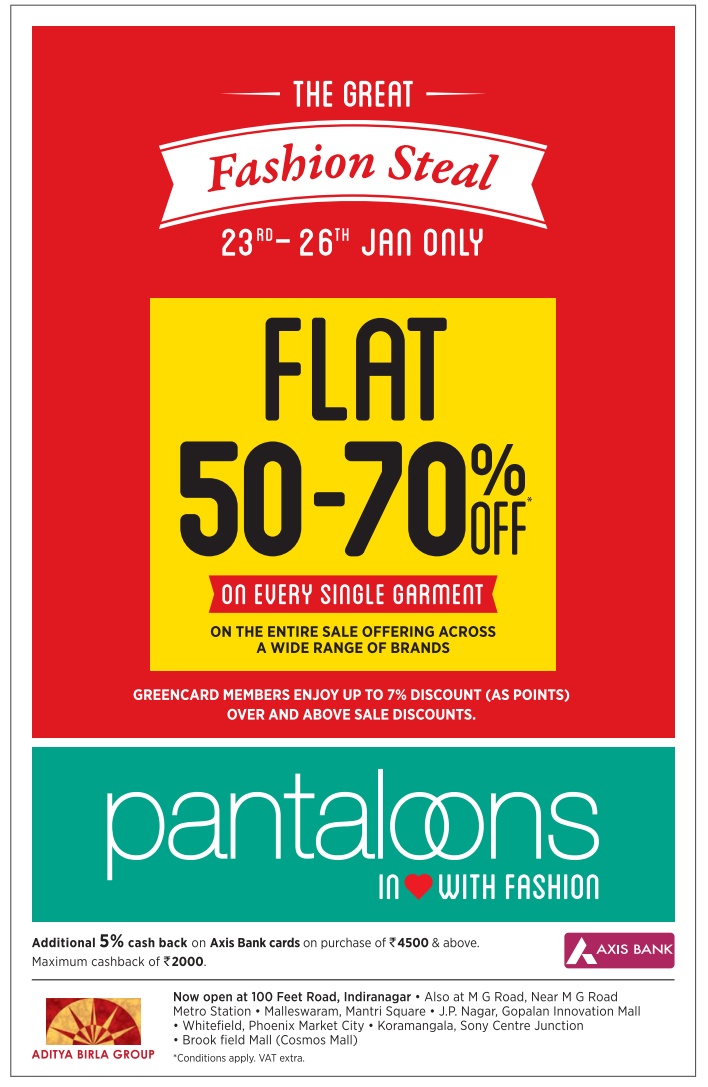 Fashion steal in Pantaloons from 23rd to 26th January only Flat 50 to