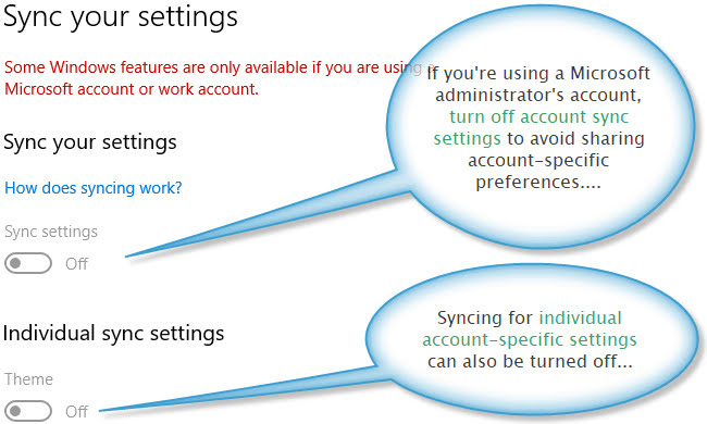 Microsoft account data syncing settings