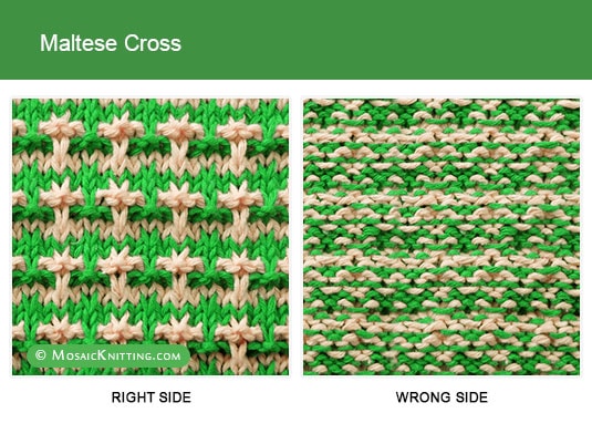 Mosaic Knitting - Two color Slip Stitch Pattern. Right side vs wrong side of the Maltese Cross stitch