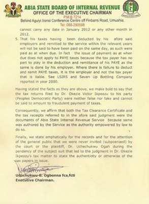 b Abia State Internal Revenue Service releases statement on the alleged fake tax clearance of Ikpeazu, says its not fake!